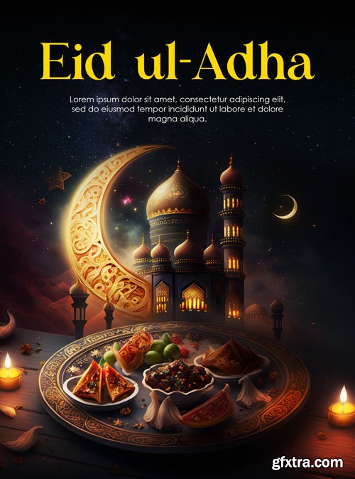 Psd eid al adha mubarak with cow, lantern, mosque and food template