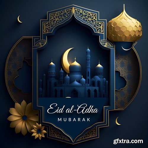 Psd eid al adha mubarak with cow, lantern, mosque and food template