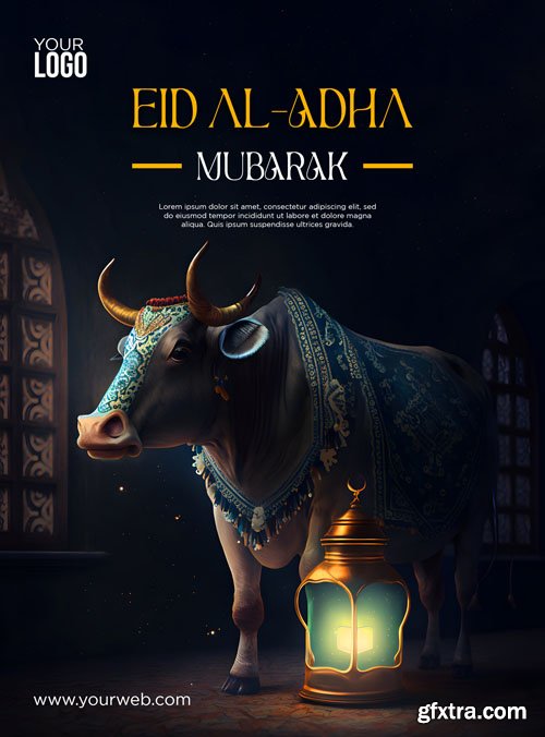 Psd eid al adha mubarak with cow, lantern, mosque and food template