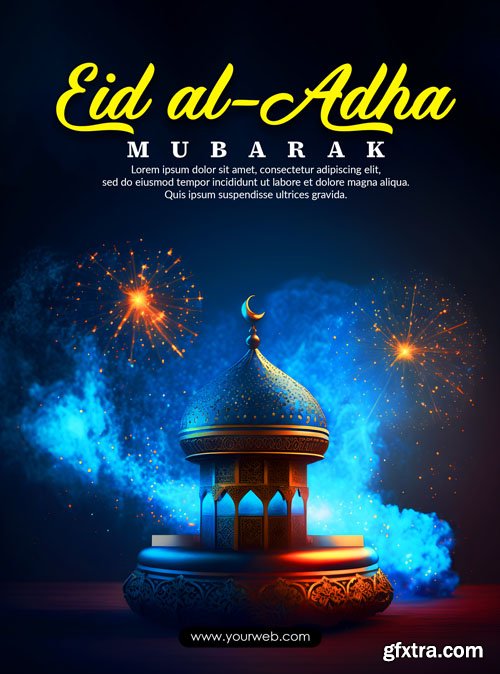 Psd eid al adha mubarak with cow, lantern, mosque and food template