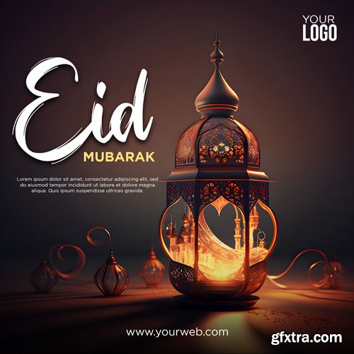 Psd eid al adha mubarak with cow, lantern, mosque and food template