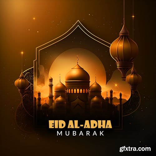 Psd eid al adha mubarak with cow, lantern, mosque and food template