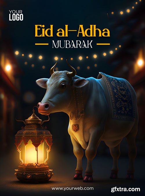 Psd eid al adha mubarak with cow, lantern, mosque and food template