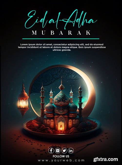 Psd eid al adha mubarak with cow, lantern, mosque and food template