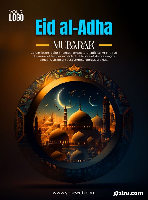 Psd eid al adha mubarak with cow, lantern, mosque and food template