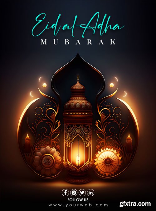 Psd eid al adha mubarak with cow, lantern, mosque and food template