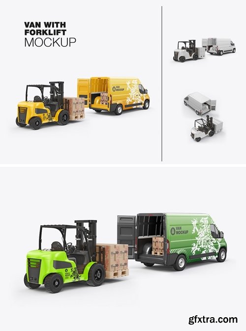Set Forklift with Boxes And Panel Van Mockup F97TGHE