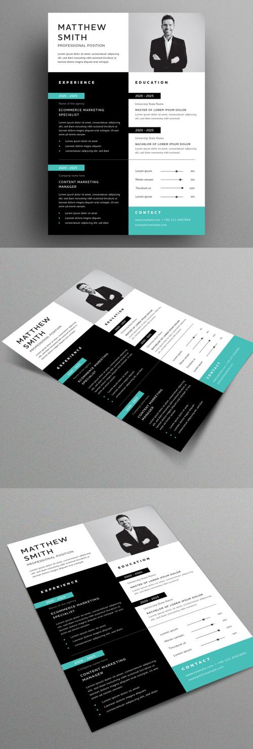 Modern Resume Layout with Black and Teal Accents 353449698