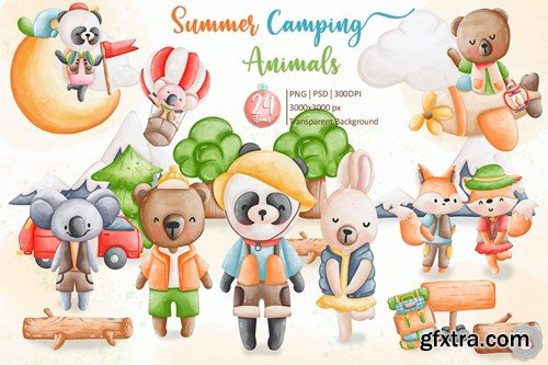 Watercolor Summer Camping Animal Clipart Set BR6YKA4