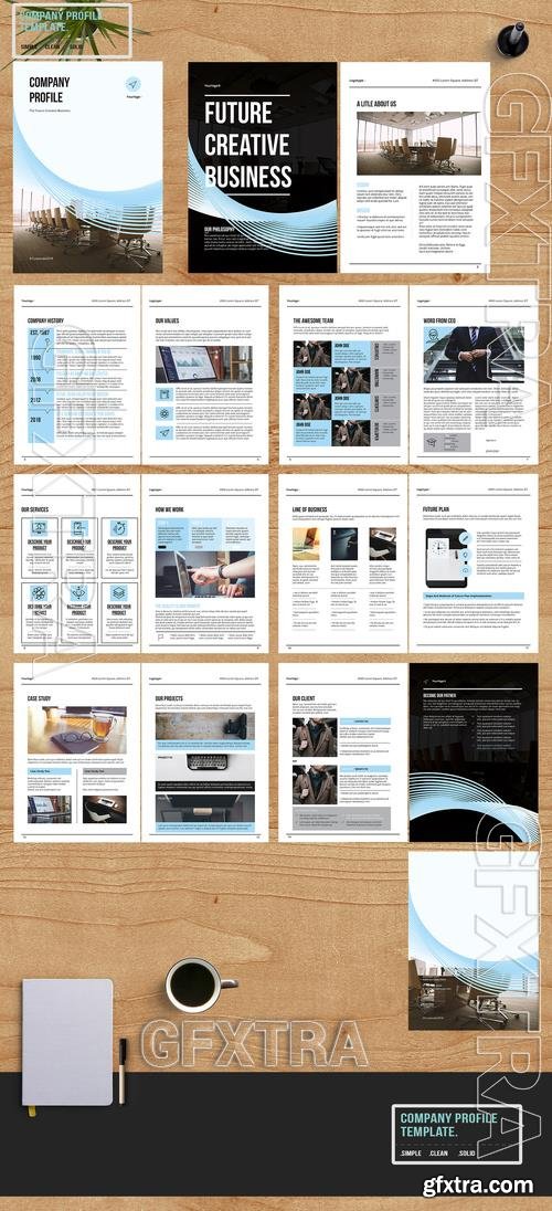 Brochure Layout with Blue Wave Design 208138588