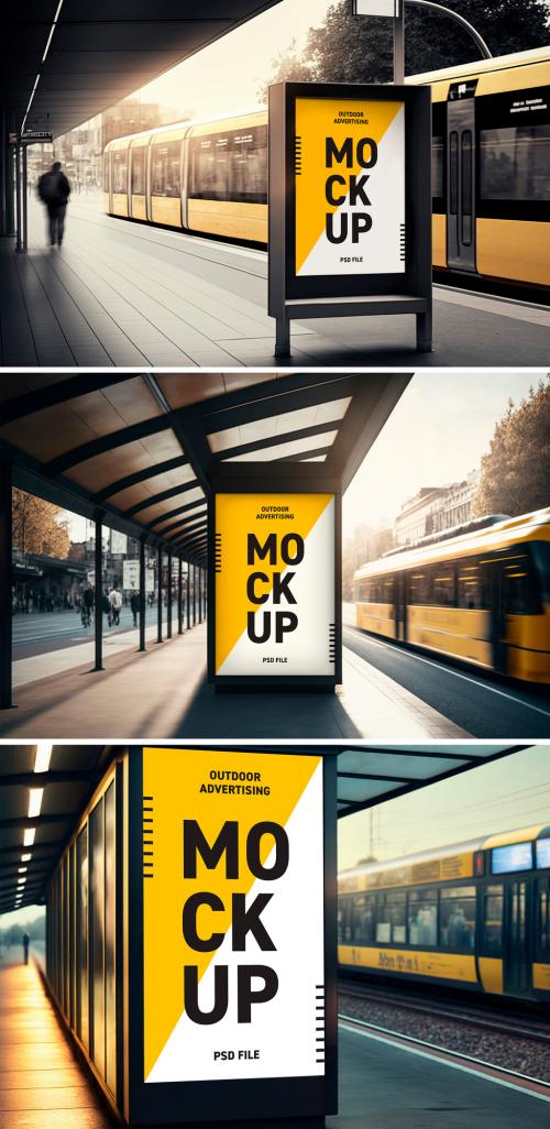 Advertising poster mockups on tram station 588691020