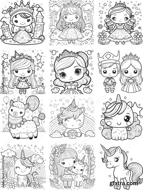 Kids Coloring Princess for Girl, Kawaii Princess Girl