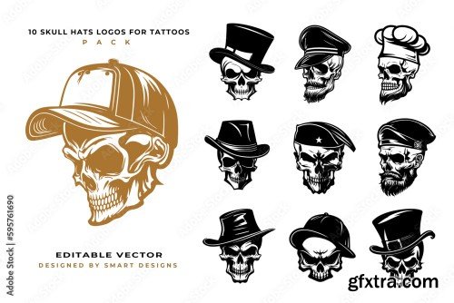 Skull Hats Logos for Tattoos Pack x10