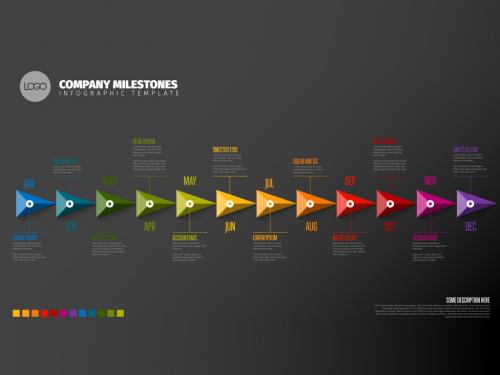 Full year dark timeline template with 12 month labels made from rainbow pyramid arrows 588325844