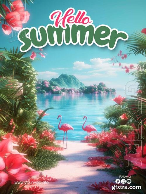 Psd poster for a summer vacation with flamingos on it