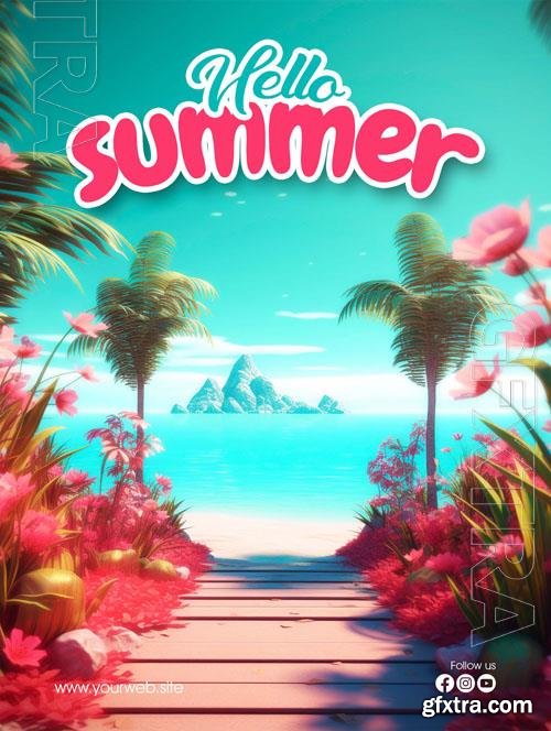 Psd poster for a beach with a beach scene and the words new summer on it