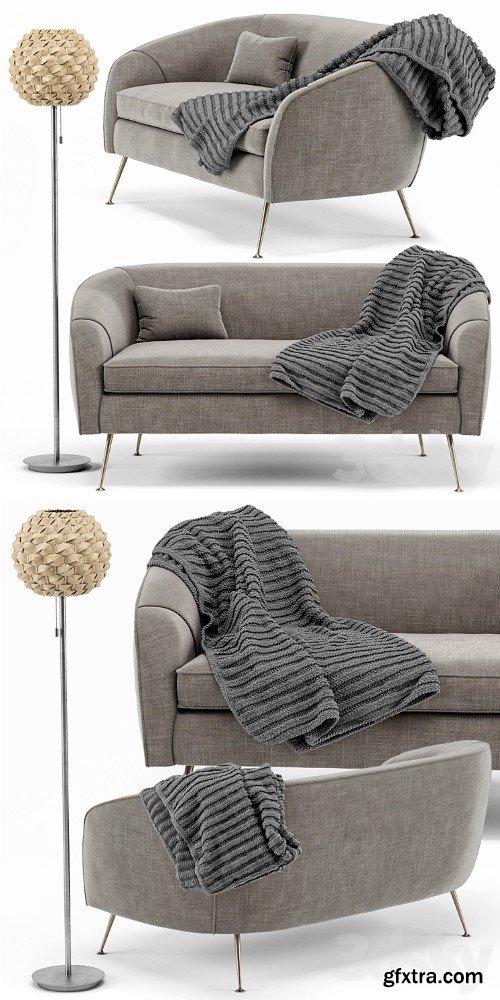 Stella Mid-Century Loveseat, Urchin Rattan Floor Lamp