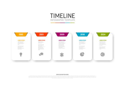 Light Timeline template with colorful tabs icons and description on white rounded block cards 594250402