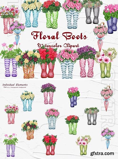 Floral Wellies Watercolor Clipart [PNG]