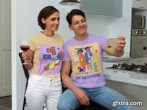 T-Shirt Mockup of a Middle-Aged Couple Taking EYNF6NT