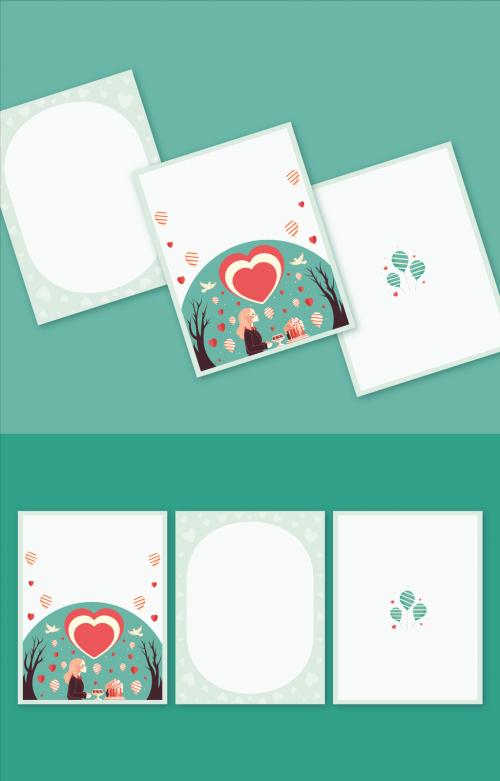 Valentines Day or Love Greeting Card Layout with Young Girl Character at Bakery Shop, Nature Background. 564567116