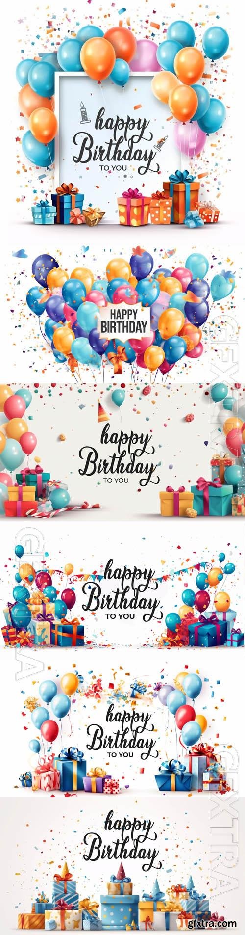 Happy birthday psd backgrounds with balloons and gift boxes