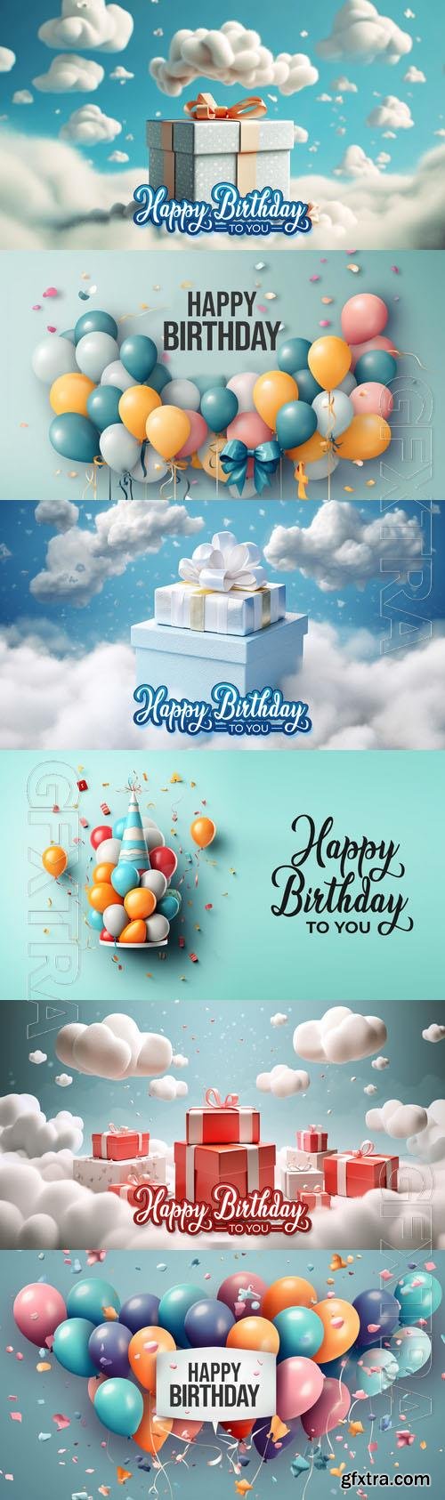 Happy birthday psd backgrounds with gift boxes and balloons