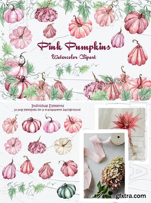 Watercolor Pink Pumpkins Clipart [PNG]