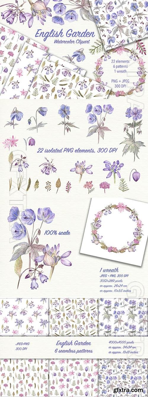 Watercolor Flowers - English Garden Patterns and Wreath