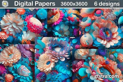 Digital Paper 3D Blue Flowers Background