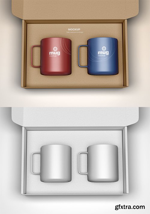 Mugs In Box Packaging PSD Mockup Template