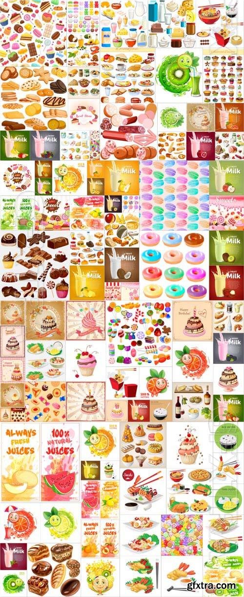 100 Food, desserts, fruits, vegetables, berries, meat, fish, drinks, ice cream, milk collection in vector