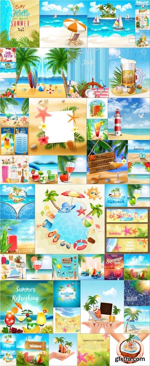 50 Summer, summer backgrounds, sea, beach, sand, vacation collection in vector