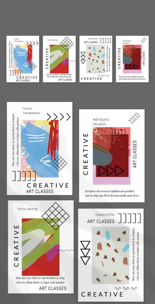 Flyer Layout with Black Geometric Shapes and Abstract Bright Rectangle on White 592379309