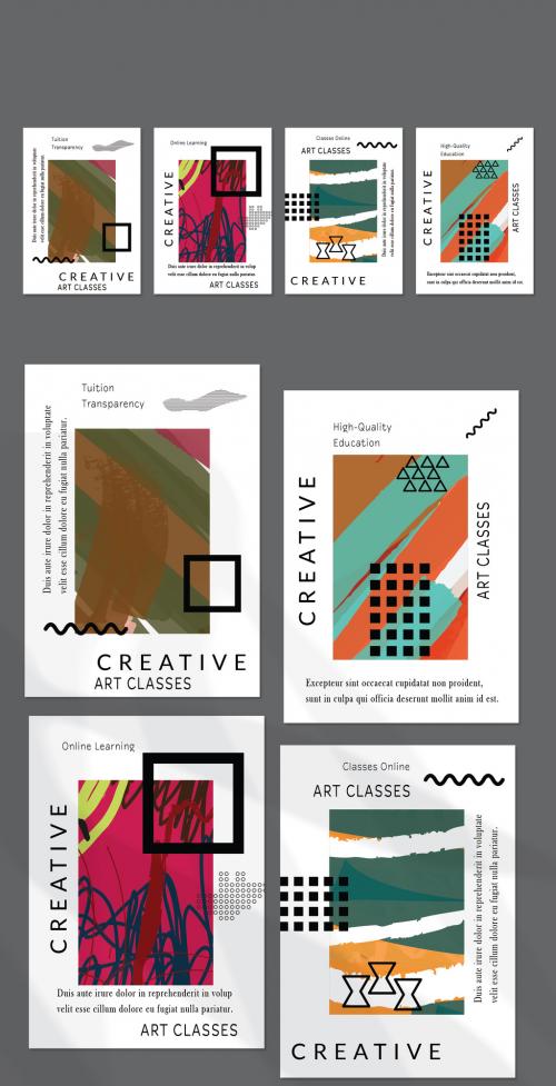 Flyer Layout with Black Geometric Shapes and Abstract Bright Rectangle on White 593805912