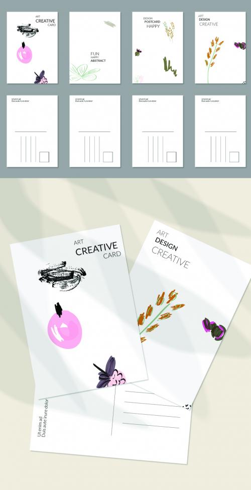 Postcard Layout with Hand Drawn Abstract Floral Doodles and Geometric Shapes 593805916