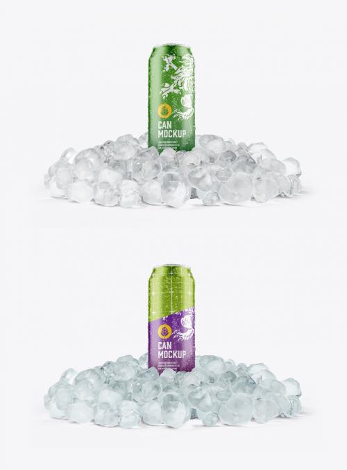 Glossy Metallic Can with Ice and Drops Mockup 550064184