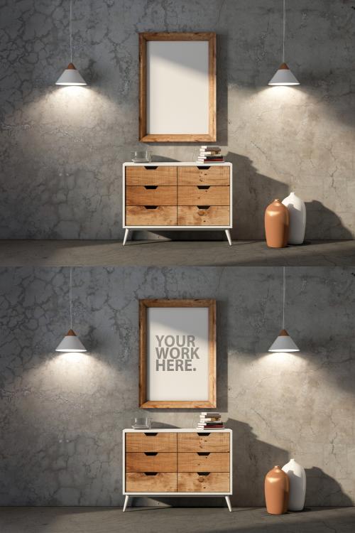 Vertical wooden poster Frame Mockup hanging above chest in room 551263614