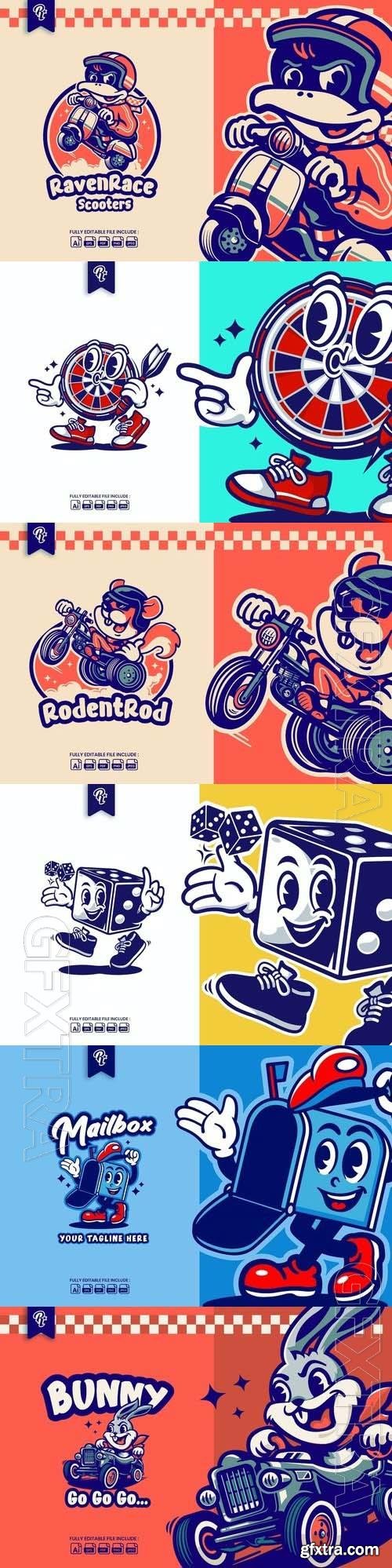 Retro cartoon character object vector logo set