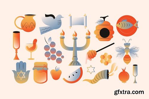 Cream Gradient Rosh Hashanah Illustration Set NQZBKPQ