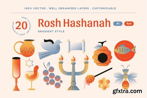 Cream Gradient Rosh Hashanah Illustration Set NQZBKPQ