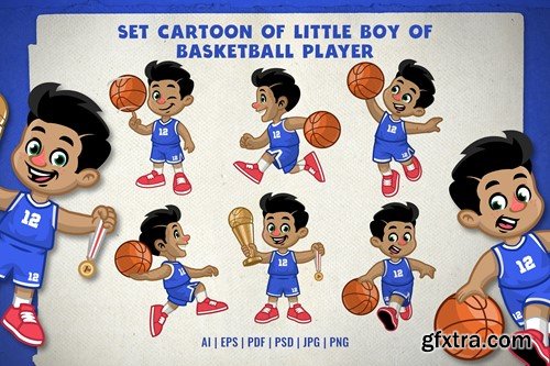 Set Cartoon of Little Boy of Basketball Player RVS9G9M