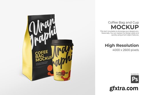 PSD Coffee Bag and Coffee Cup Mockup TPJF8TH