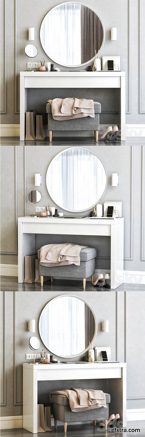 Ikea Malm Dressing Table with Langesund Round Mirror and Strandmon Gray Ottoman