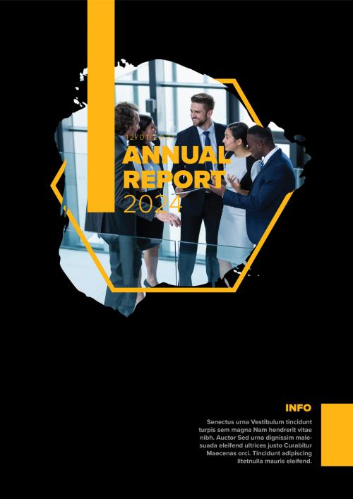 Dark annual report front cover page template with photo in brush hexagon frame and yellow accent 583099576