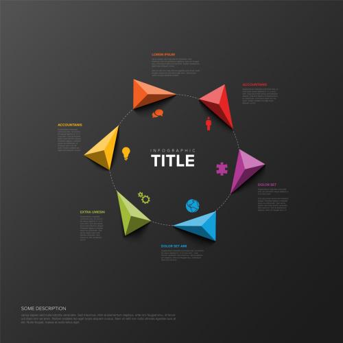 Six elements infographic cycle with icons in triangle arrows on dark background 571229258