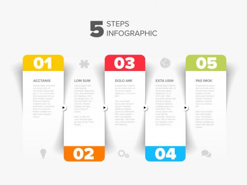 Five white steps progress page template with color numbers and icons 571229247