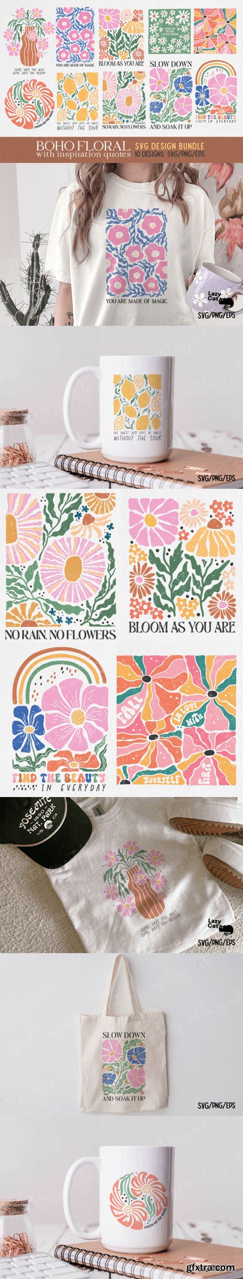 Boho Floral with inspiration Quotes Vector Bundle