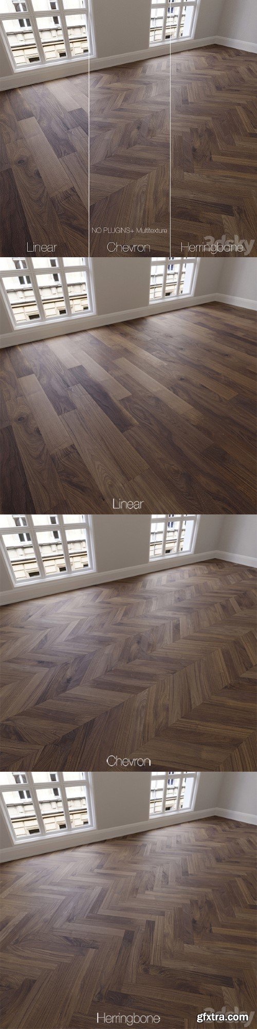 Parquet natural, American walnut, 3 kinds. Linear, chevron, herringbone.