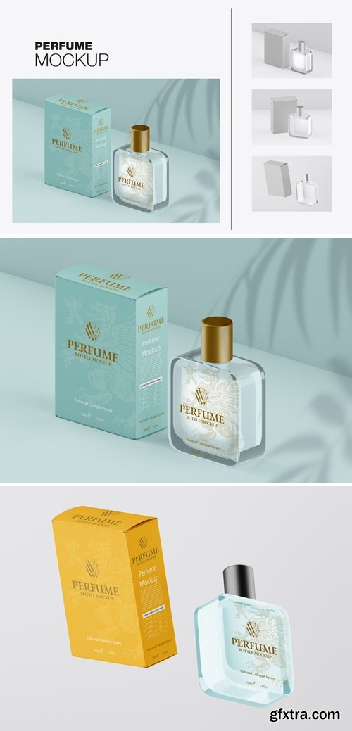 Pack Perfume Bottles with Box Mockup U7W53BW